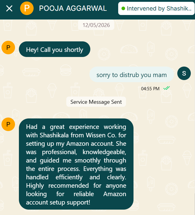 WhatsApp seller feedback from Pooja Aggarwal about Amazon account setup